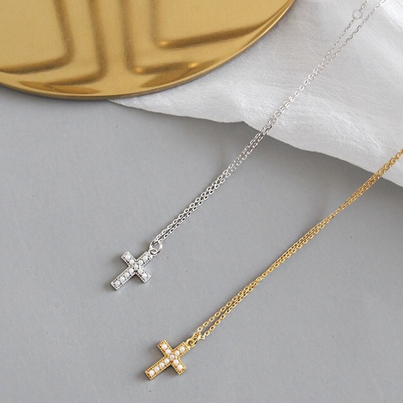 Dainty Pearl Cross Sterling Silver Gold Necklace - Picture 3 of 6